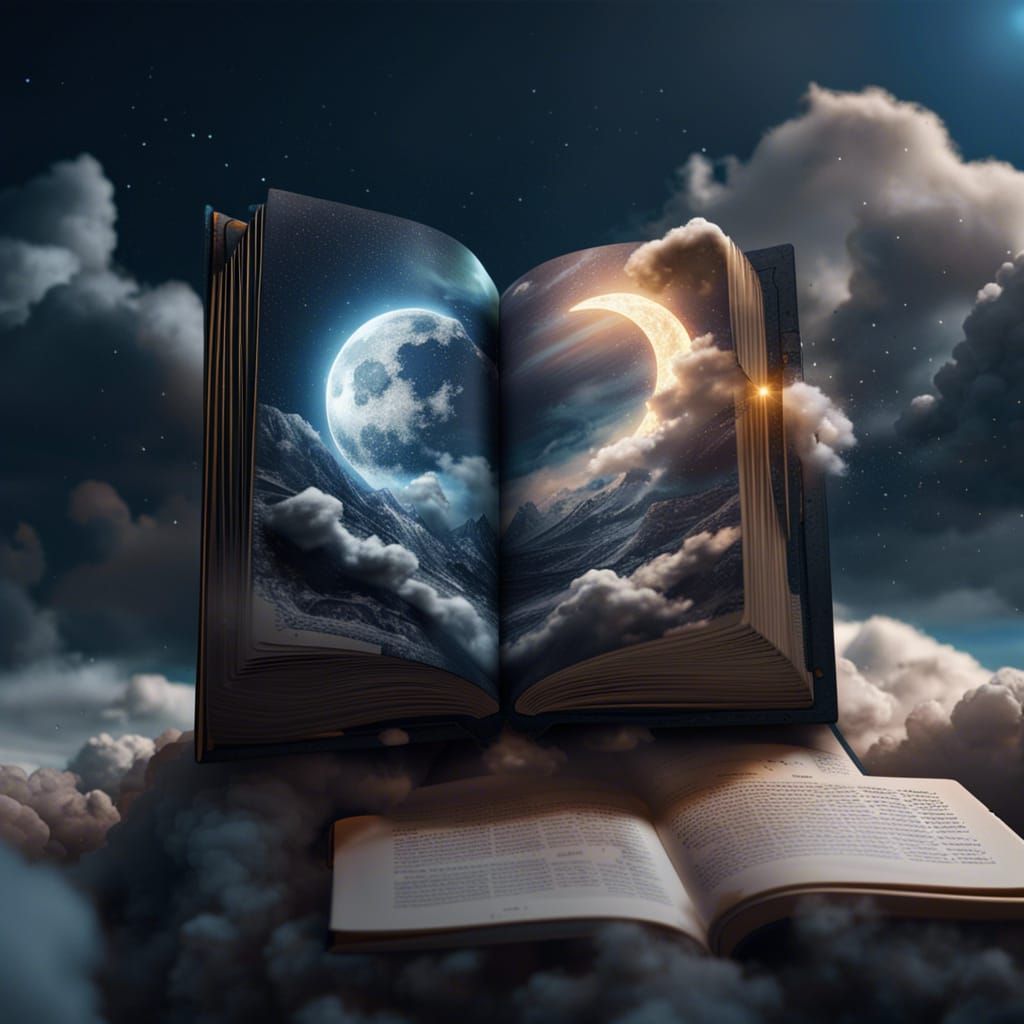 Fantastical Book with Moon and Clouds
