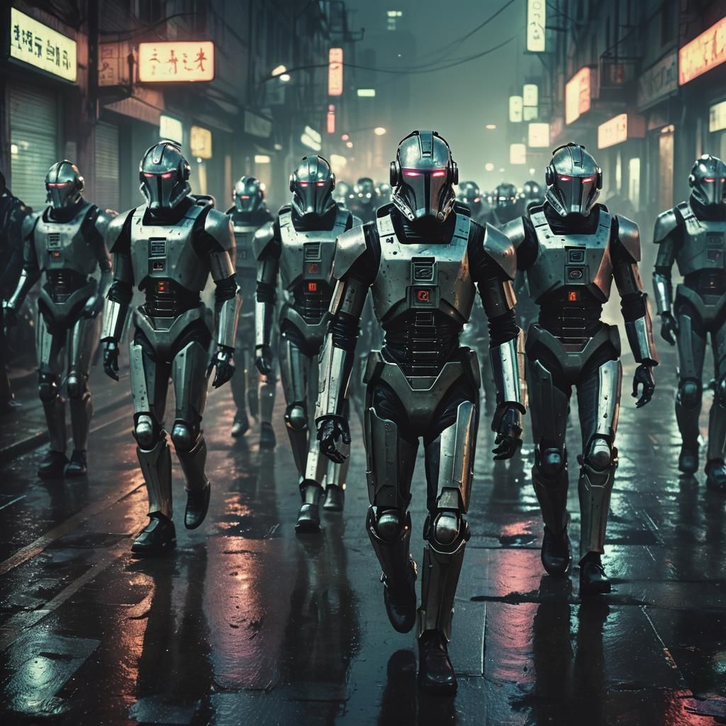 Cyberpunk Cybermen Army in Dystopian Cityscape