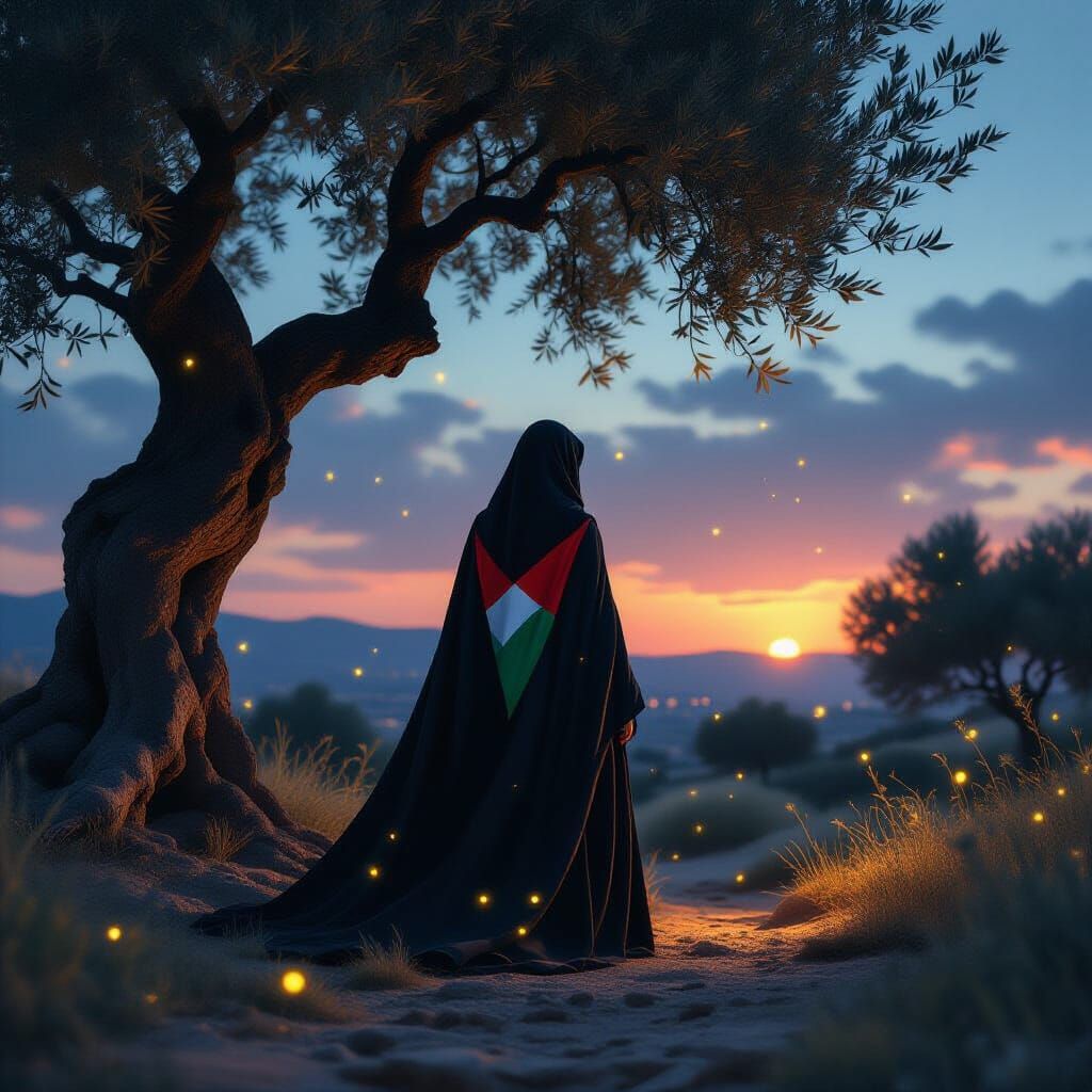 Witch Silhouette Under Twilight Olive Trees with Palestinian...