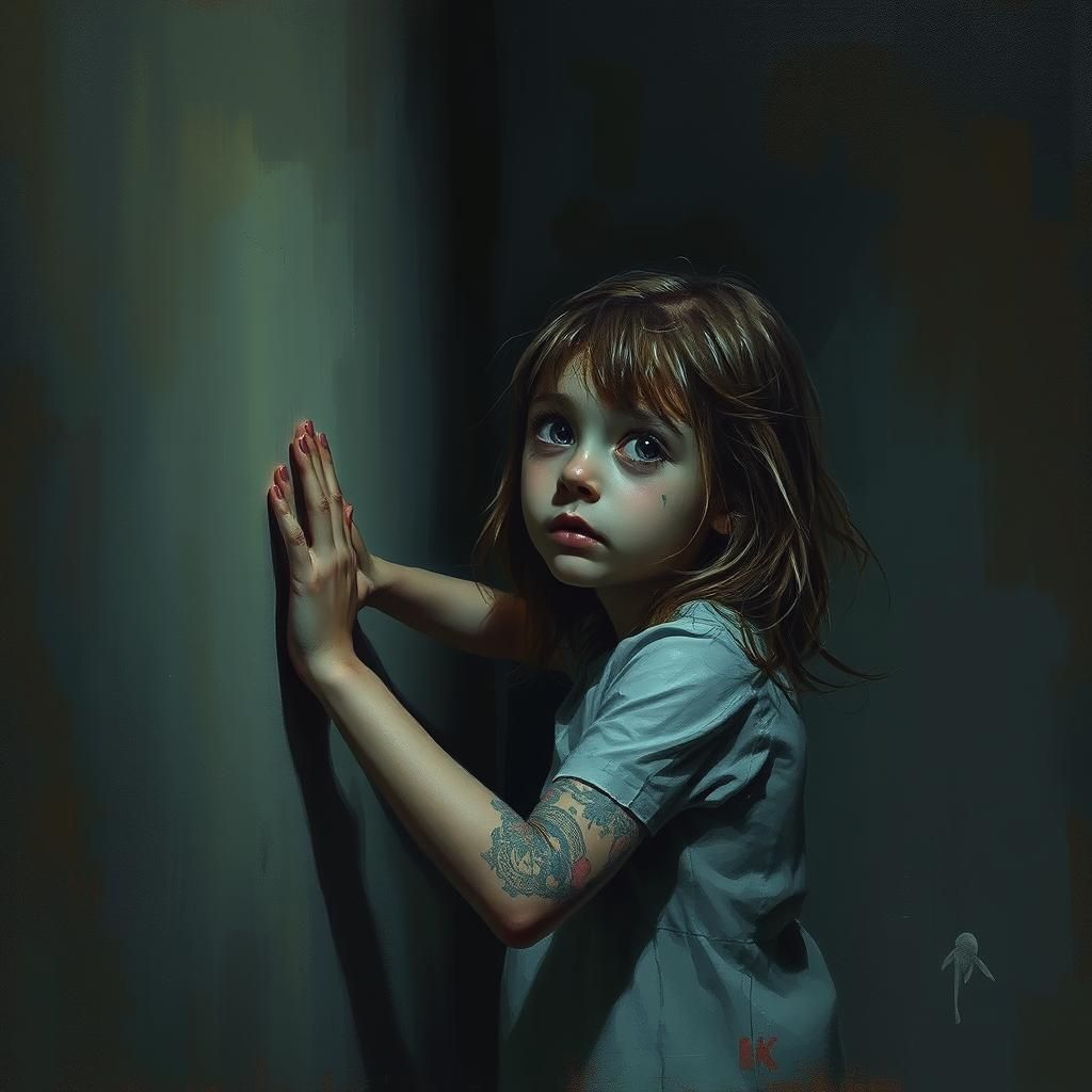 Eerie Girl in Dark Room, Expressive Brushstrokes