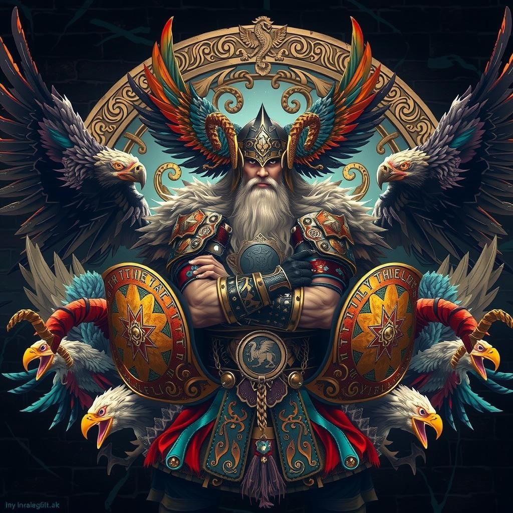 Design an image showcasing a highly realistic Norse god-like...