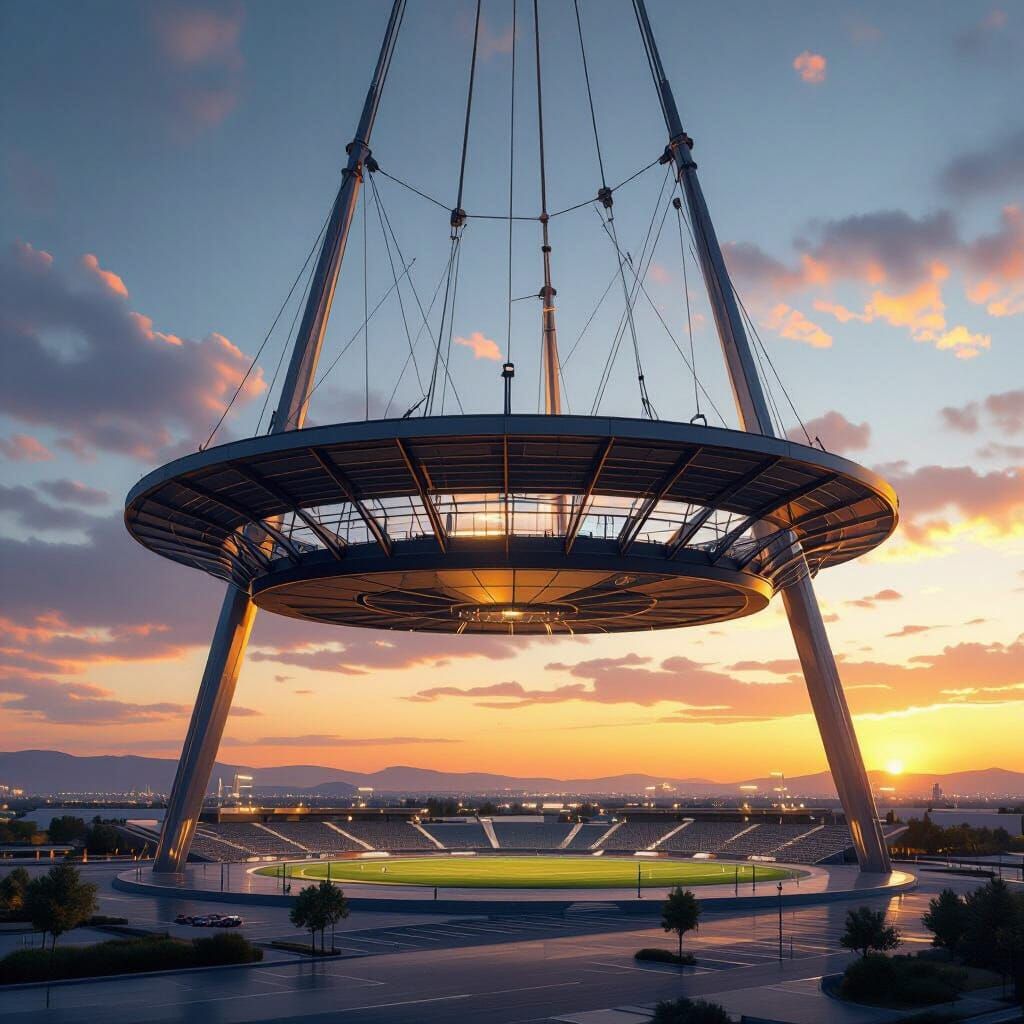 Futuristic Suspended Stadium at Sunset