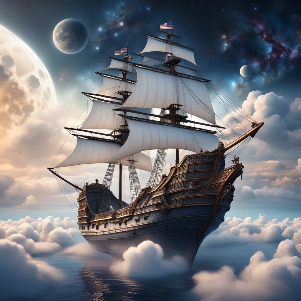 White Sailing Ship Floats in Starry Sky
