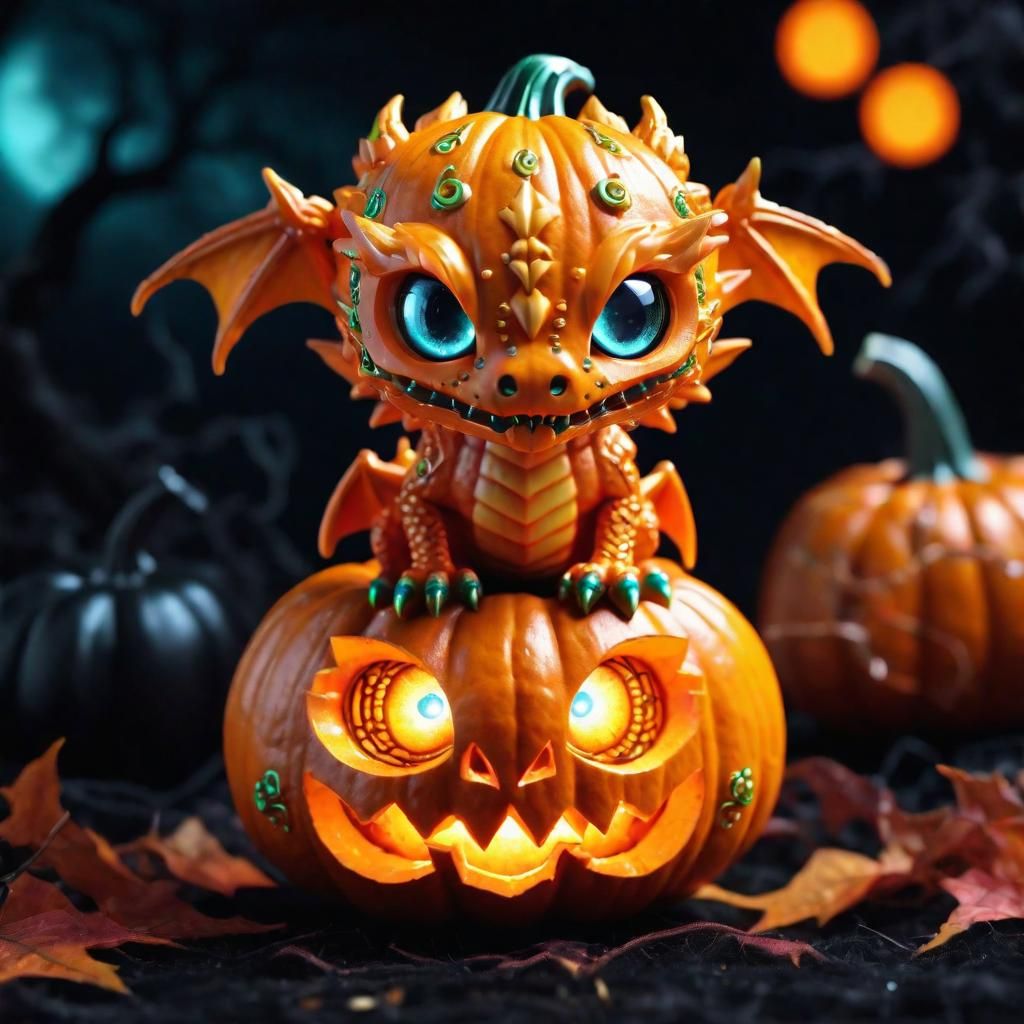 Chibi Pumpkin Dragon with Bioluminescent Eyes