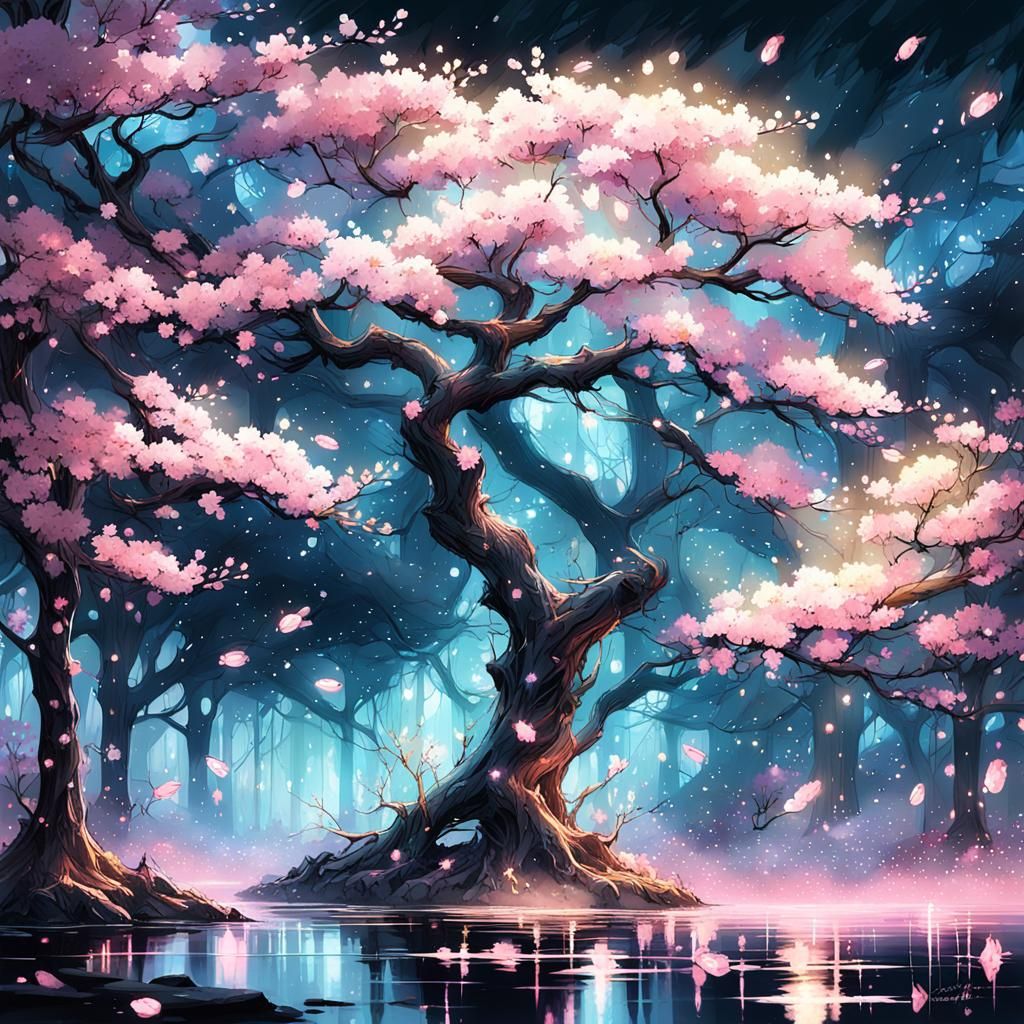 Glowing Cherry Blossom Tree at Night: Fantasy Illustration