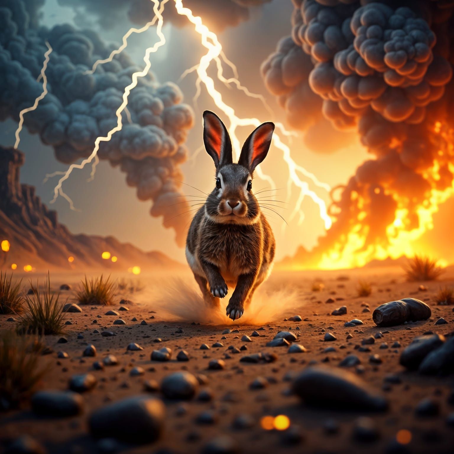 Desert Storm Godrays Illuminate Jackrabbit's Daring Escape