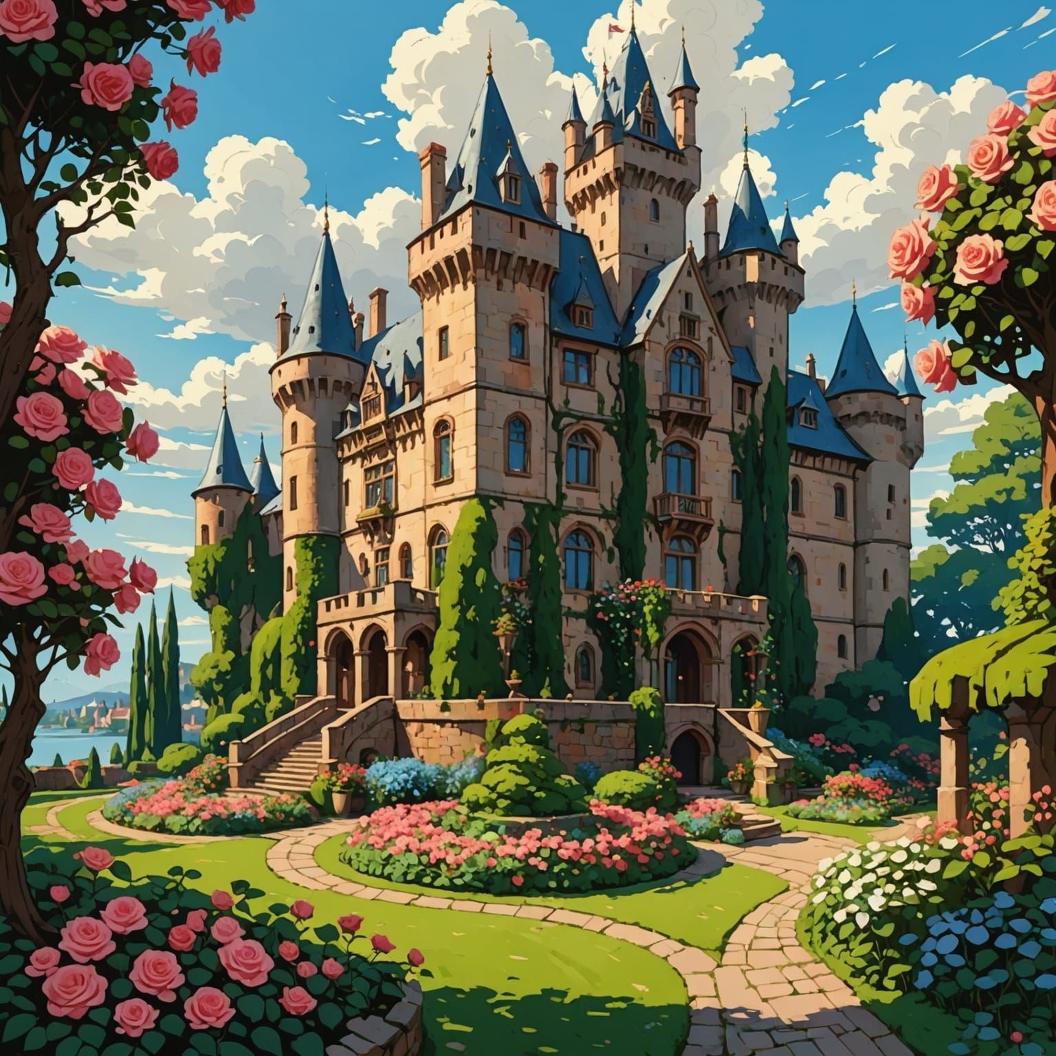 Fantasy Castle with Rose Garden in John William Waterhouse S...