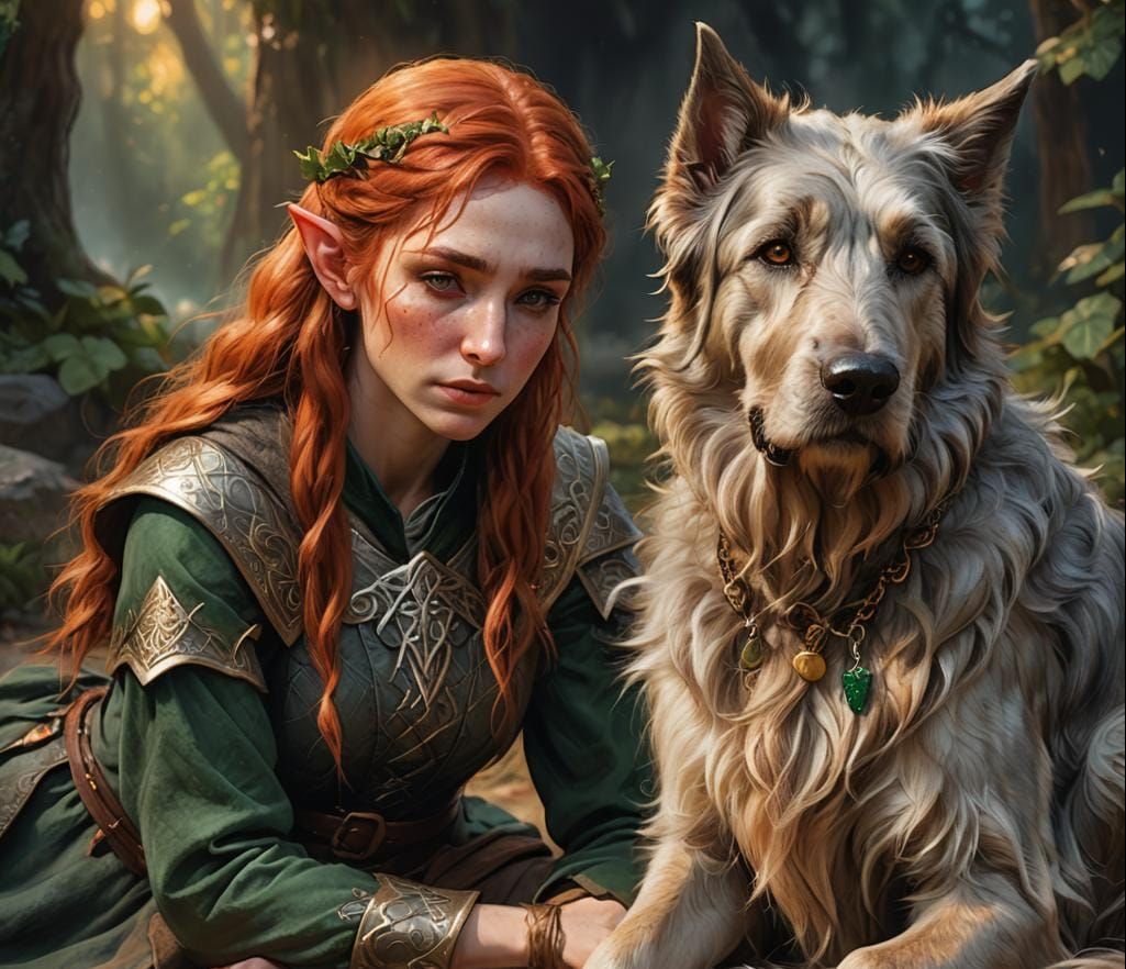 A young female elf with long red hair and blue eyes, sitting down on the ground and hugging herself crying. An Irish wol...