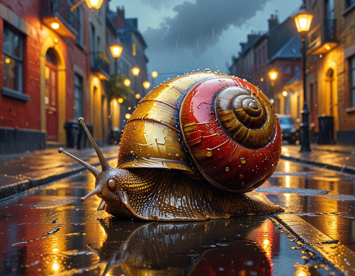 Steampunk Snail in City at Golden Hour