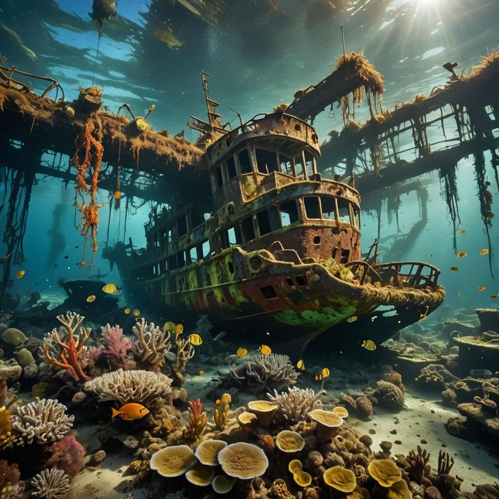 A hauntingly surreal underwater scene capturing the eerie passage of time on abandoned shipwrecks
