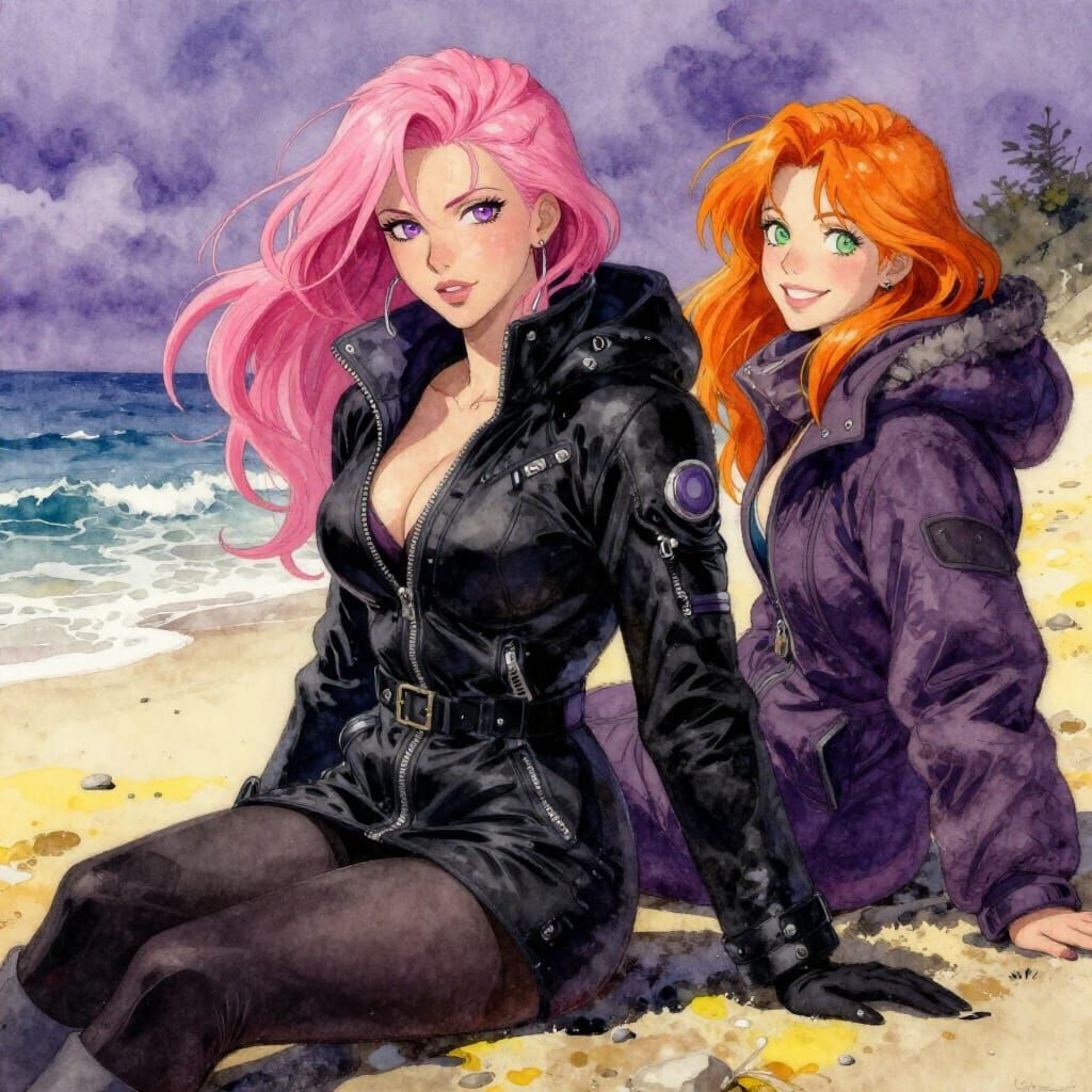 Pink Haired Woman on Winter Beach in Watercolor Style