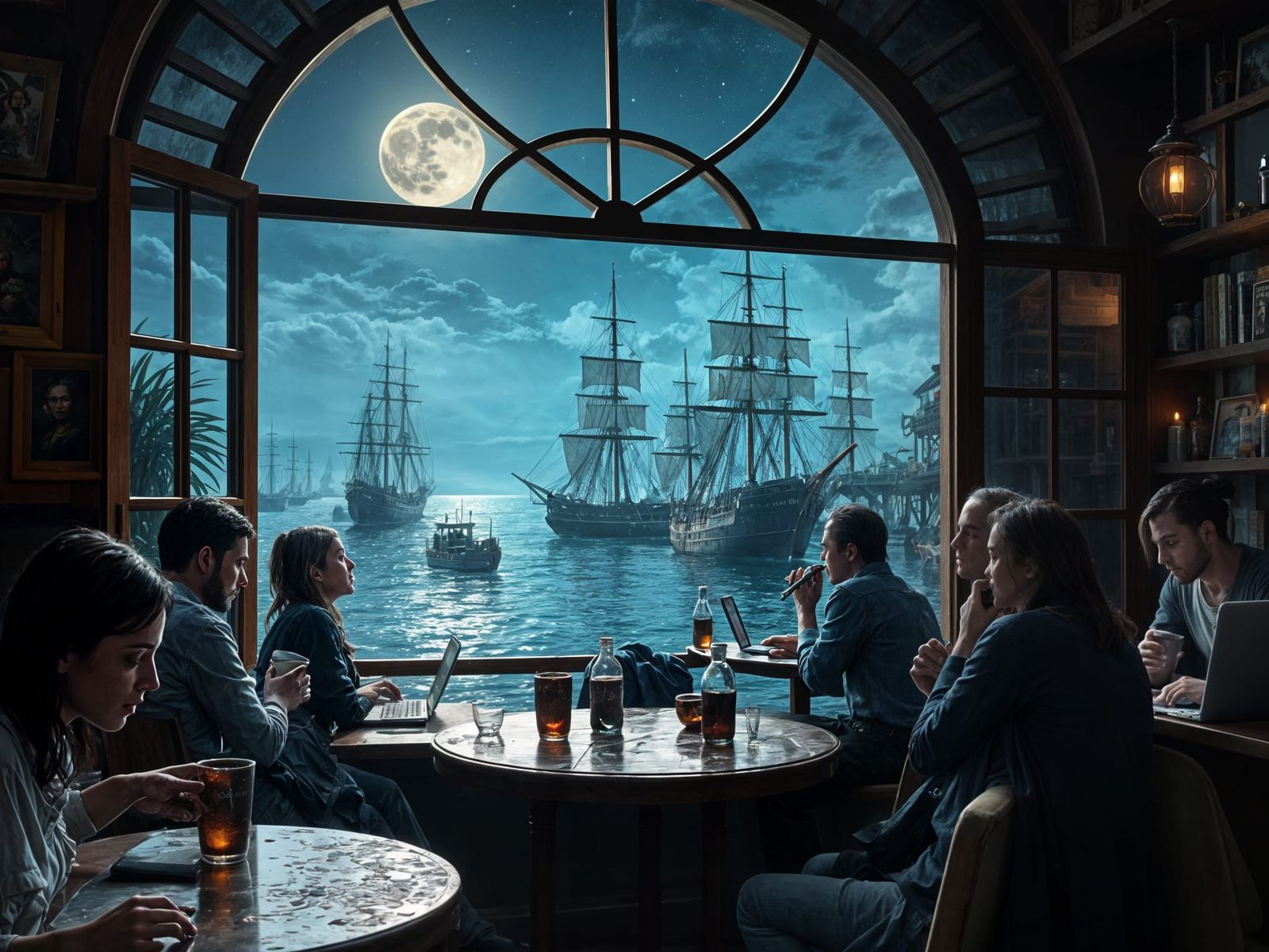 A Vibrant Nighttime Café Scene with a Harbor View