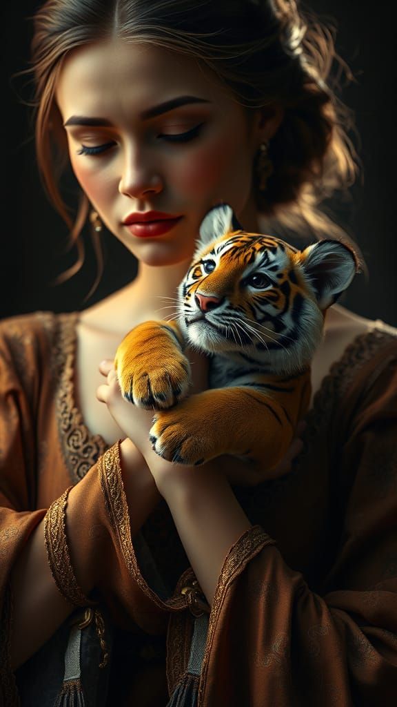 Tiny Tiger Embraces Elegant Woman in Hyperrealistic Detail