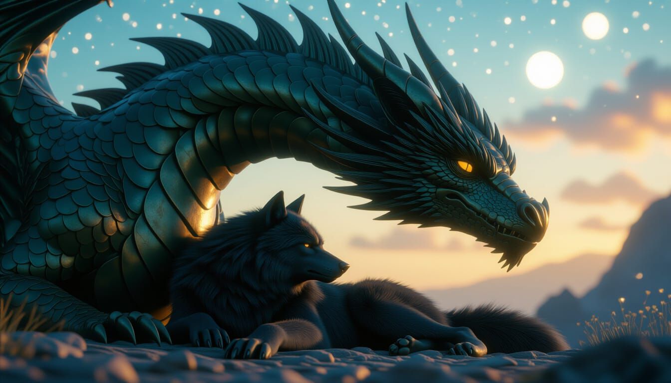 Werewolf and Dragon Gazing at Stars