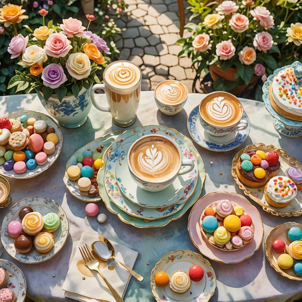 Latte with Sweets in Palace Garden, Watercolor Style