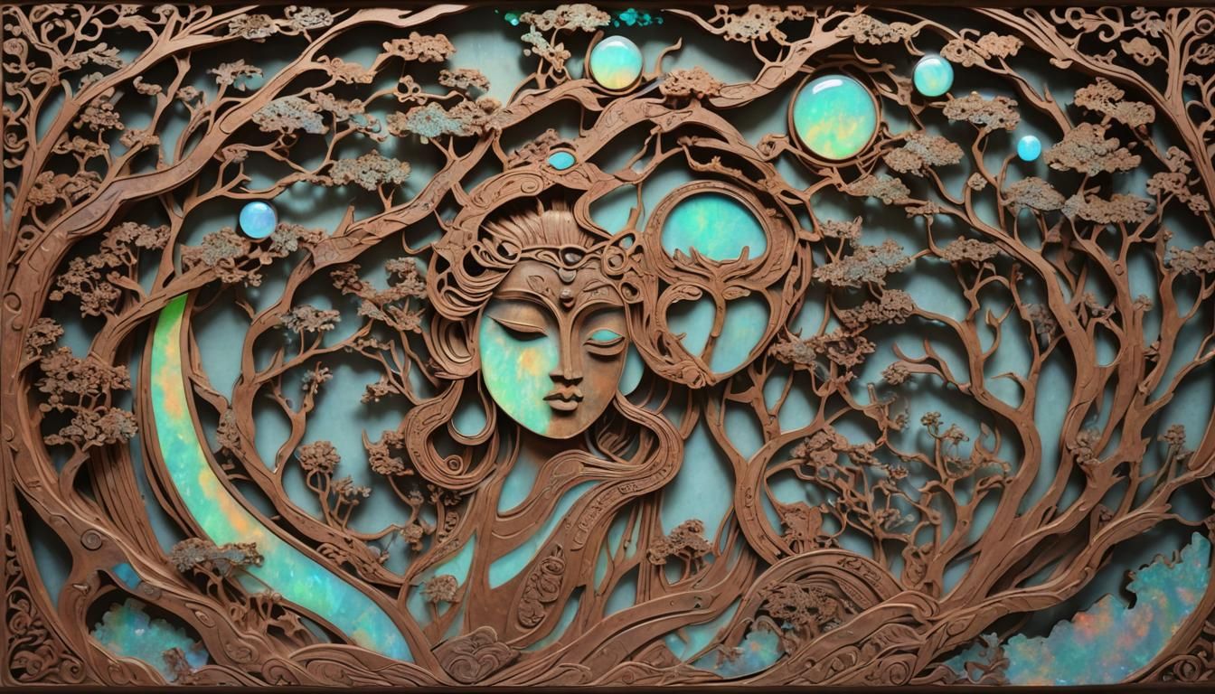 Psychedelic Asian Silhouette with Carved Opal Elements