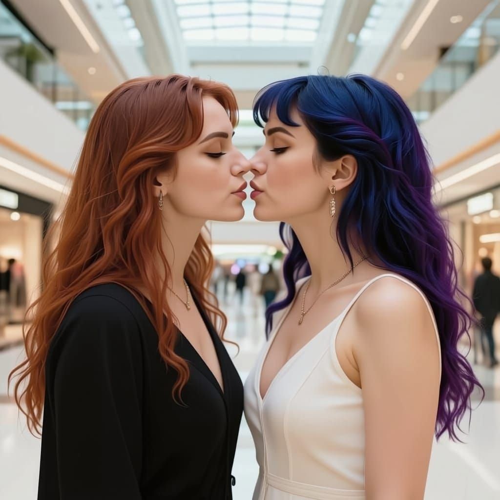 Two Women Kissing in Modern Mall