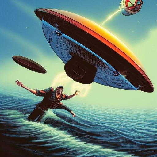 UFO Emerges from Sea in Comic Book Style