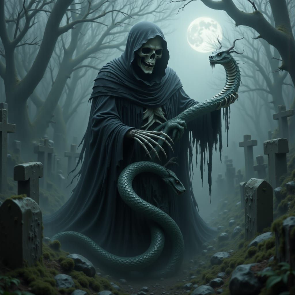 Grim Reaper Enshrouded by Serpents in a Haunting, Moonlit Gr...