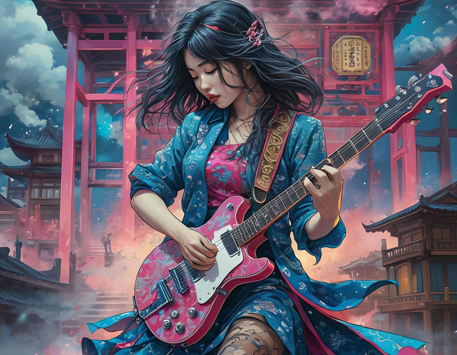 A stylish Japanese woman plays a Gibson electric guitar.