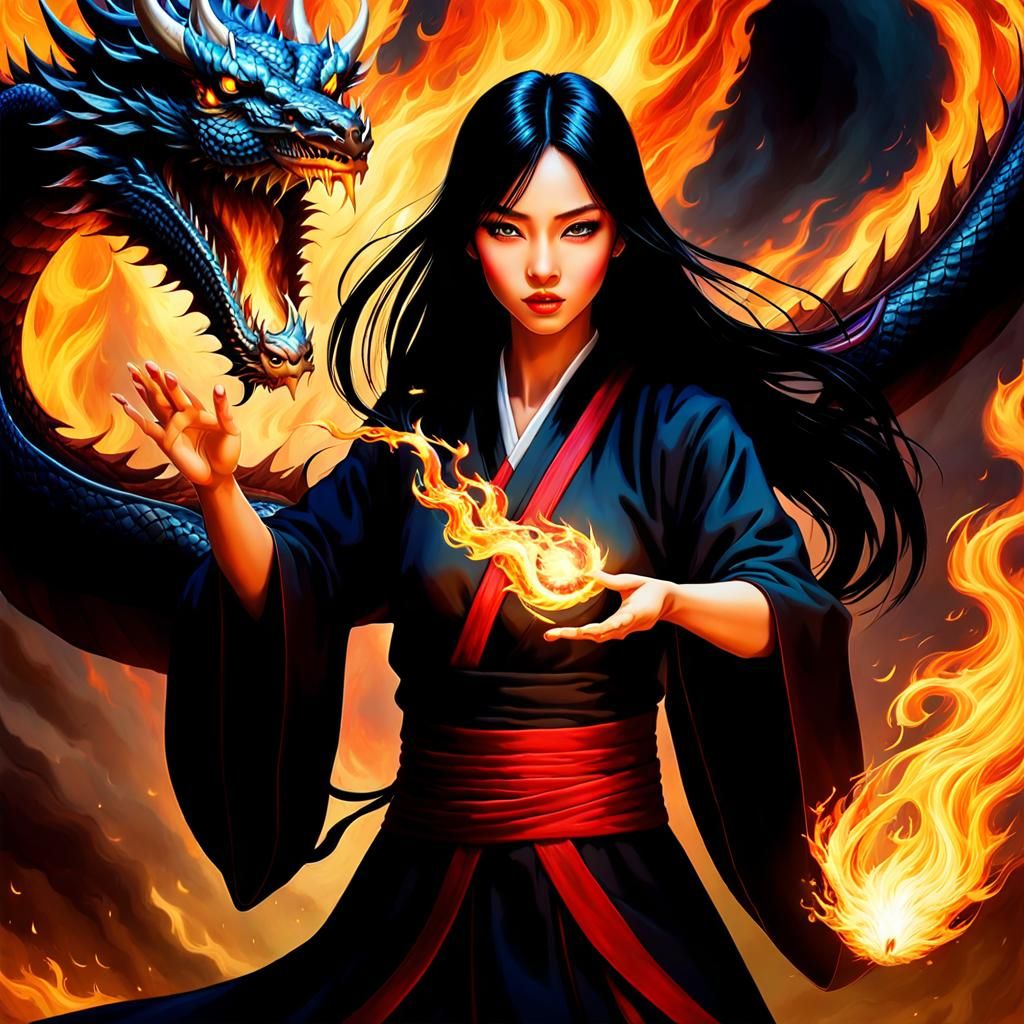 sorcerous Chinese girl fire spell dragon