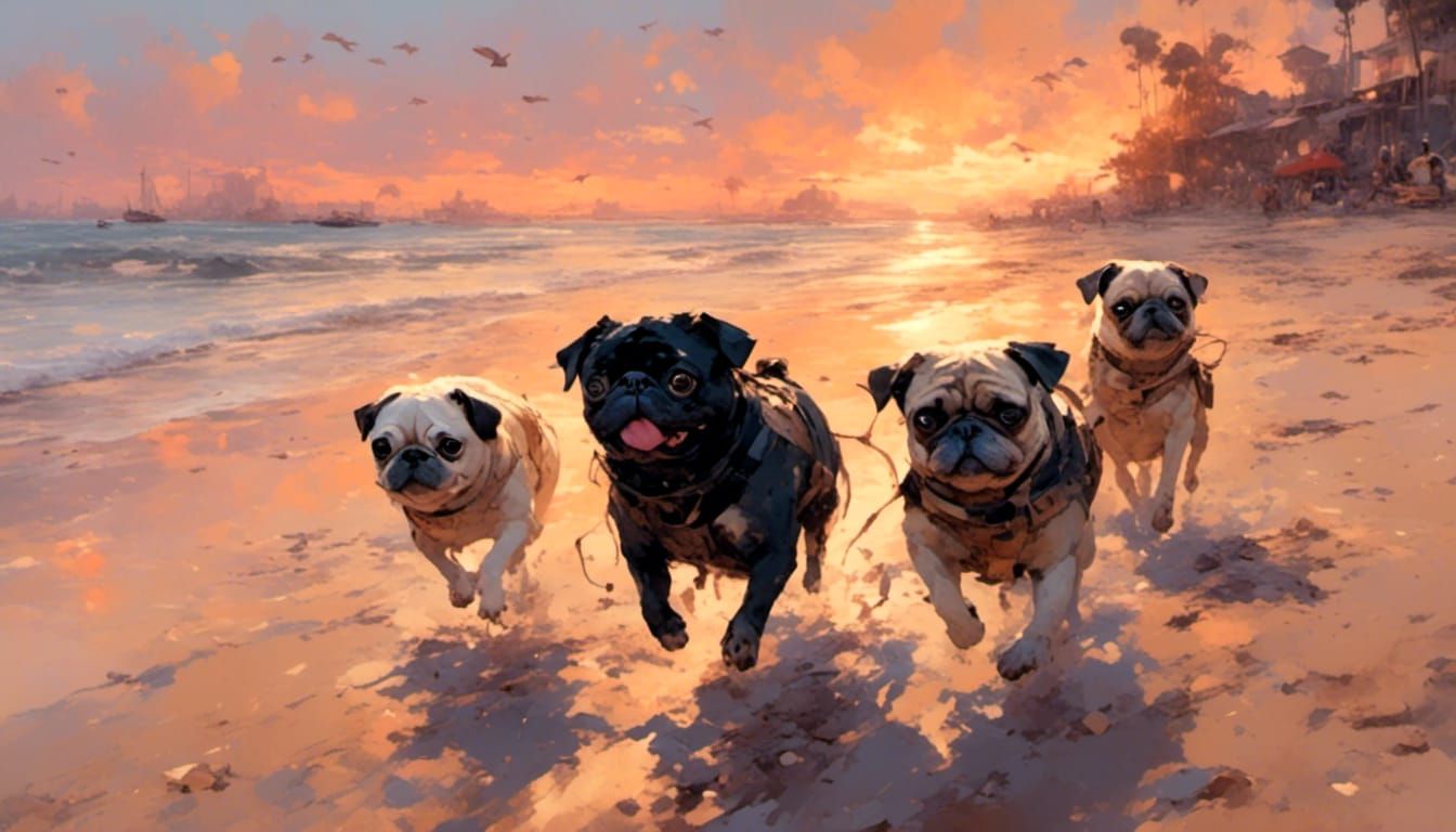 Pugs Playing on Beach at Sunset Illustration