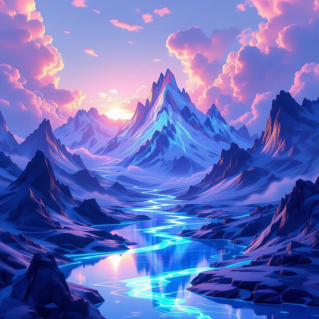 Surreal Molten Metal Mountains with Neon Rivers