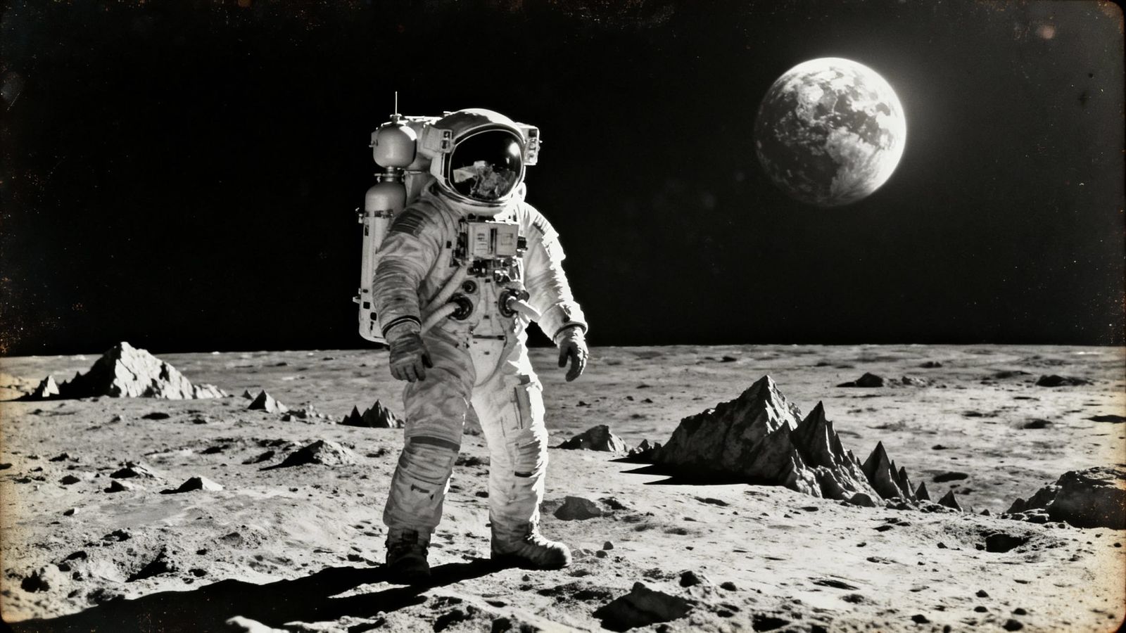 Apollo Astronaut on Moon with Earth View