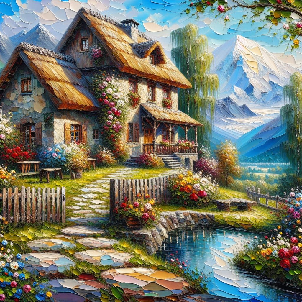 Scenic Cottage Landscape as Impasto Painting