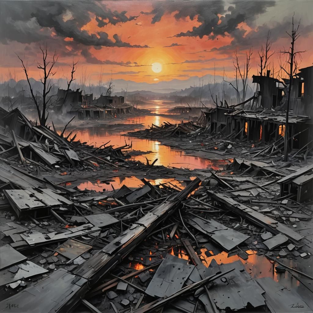 Vivid Oil Painting: Sunset Over Destruction