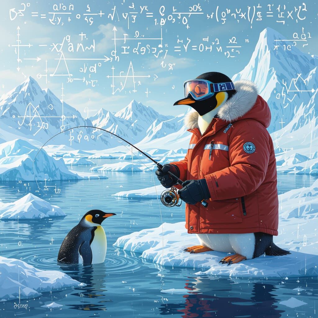 Arctic Penguin Fisherman in Futuristic Style