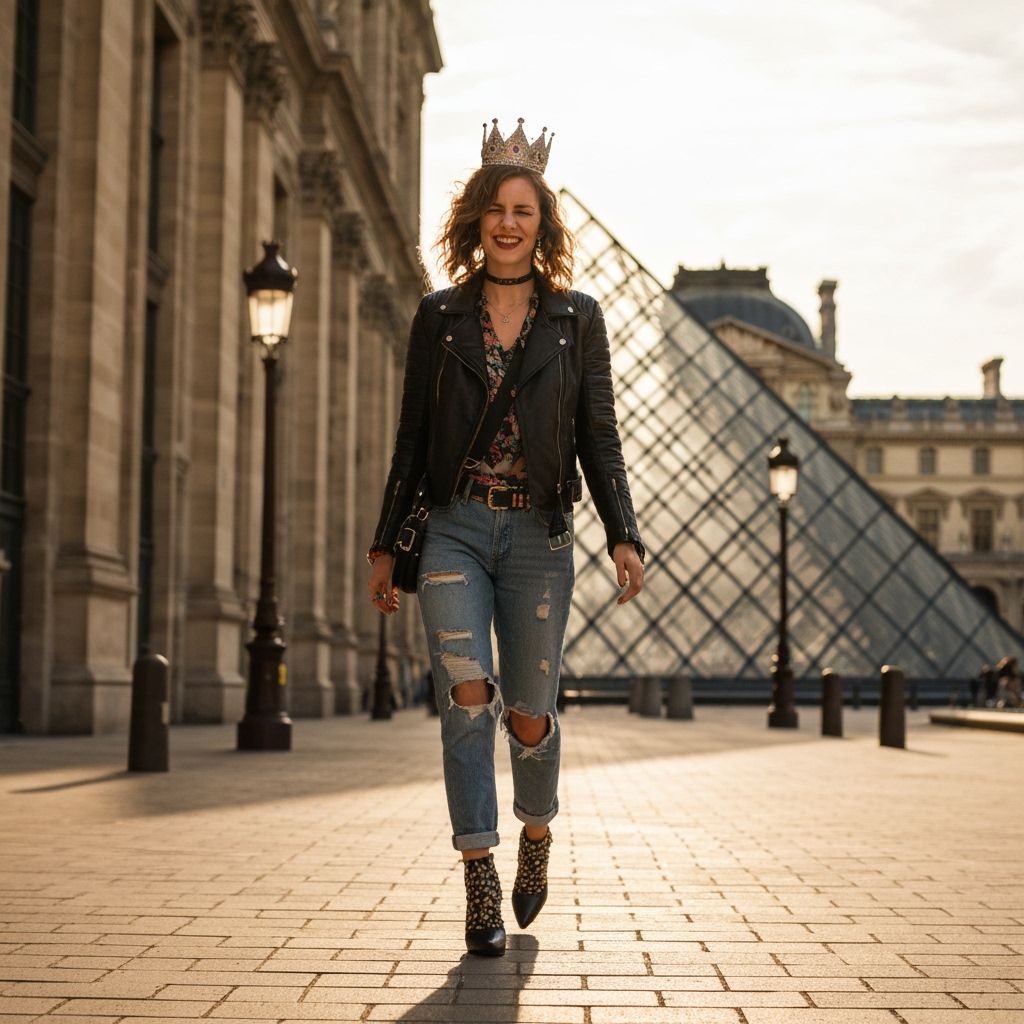 Parisian Woman Struts Towards Louvre Pyramid