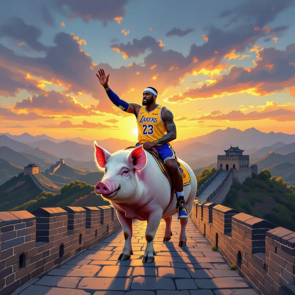 LeBron James Rides a Pig on the Great Wall at Sunset