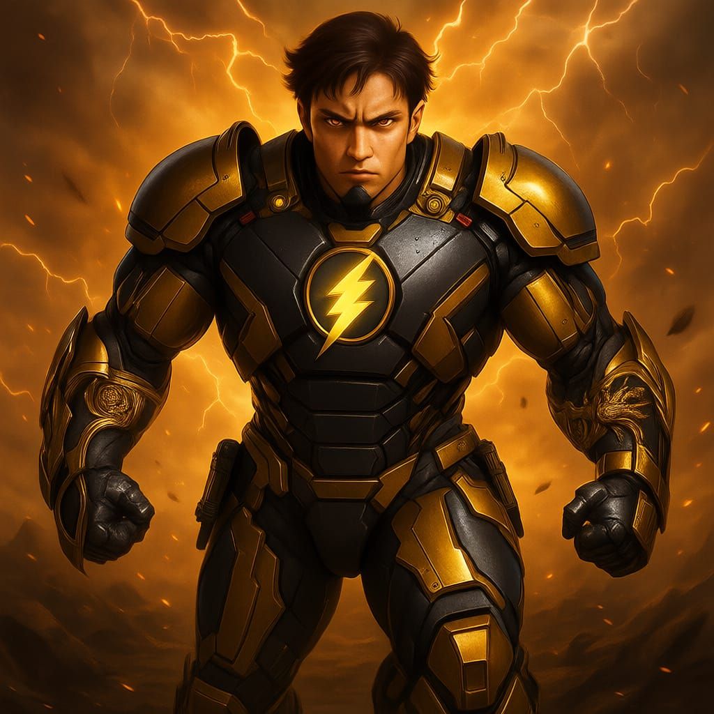 Iron Man in Black Armor with Gold Accents and Black Adam Sym...