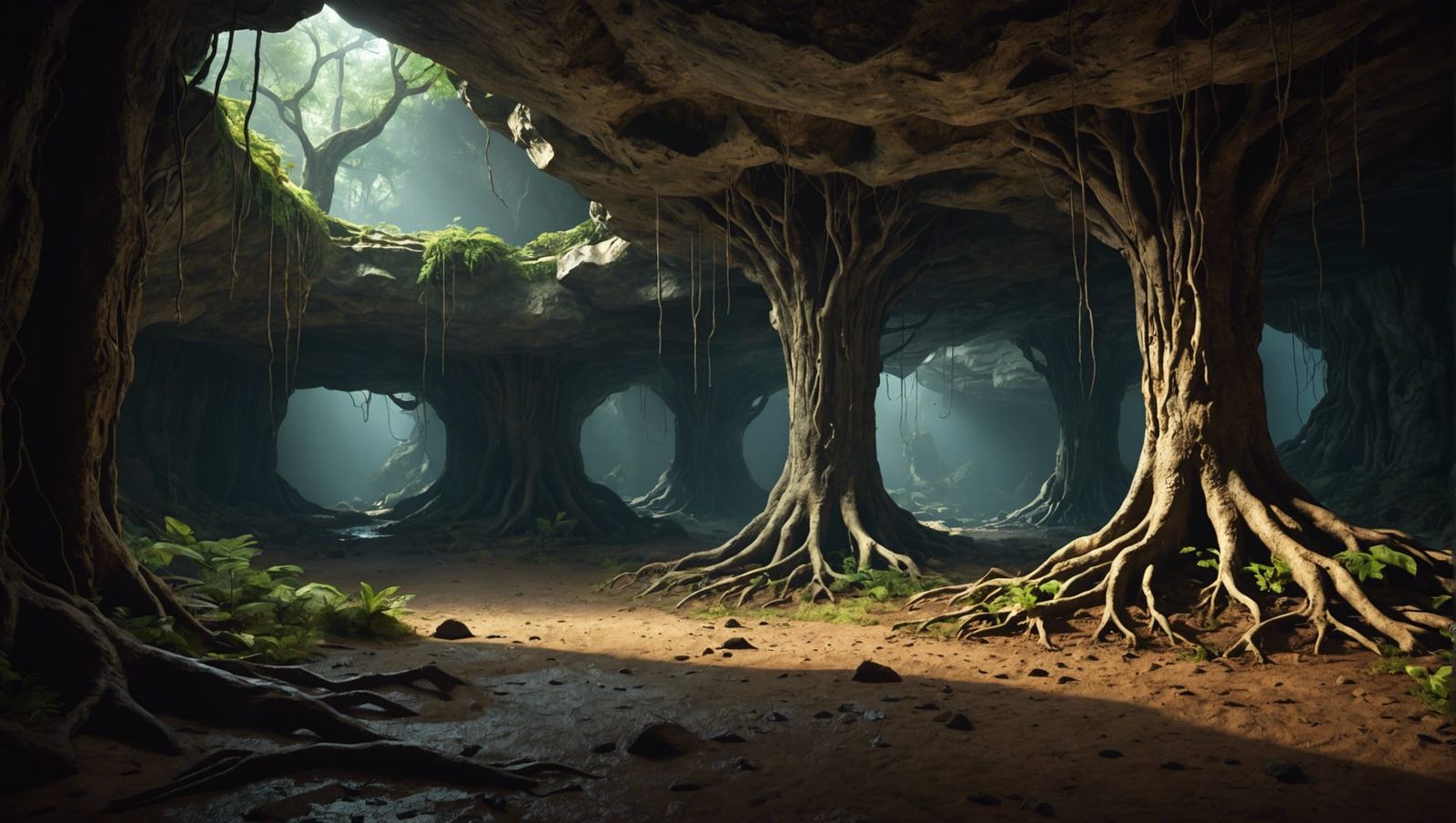 Mysterious Underground Cave with Tree Roots