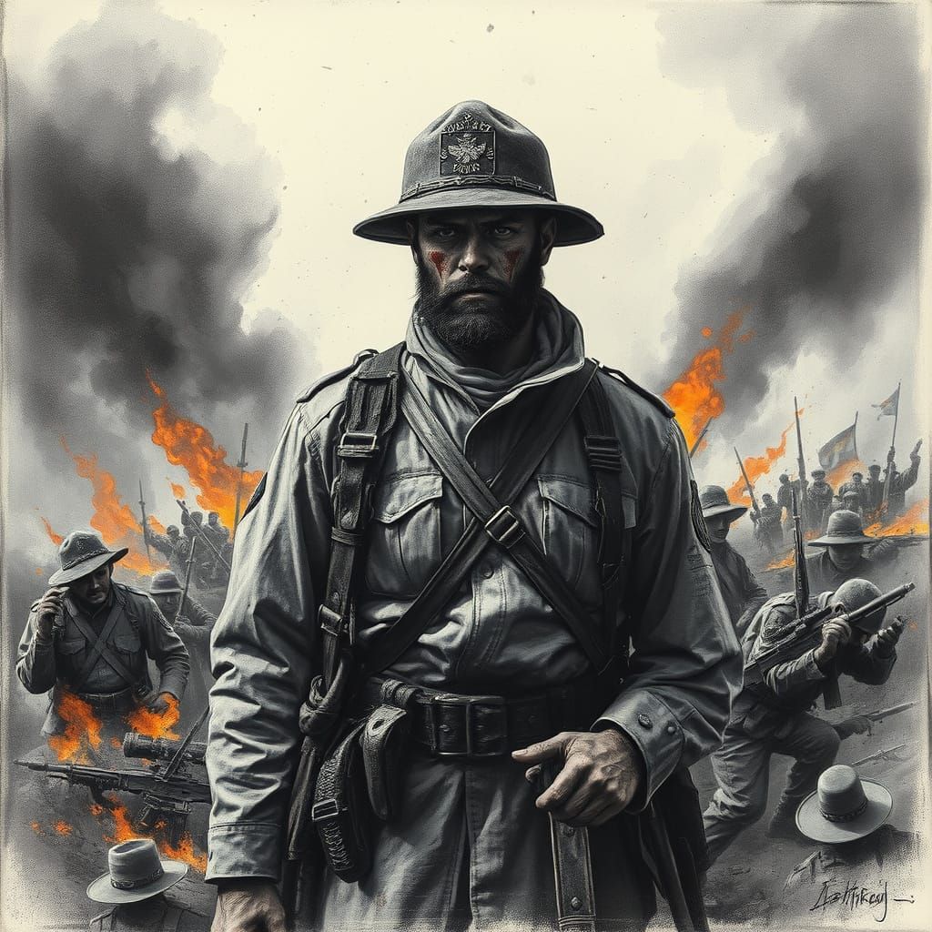 Union Soldier in Smoldering Landscape, Charcoal Drawing