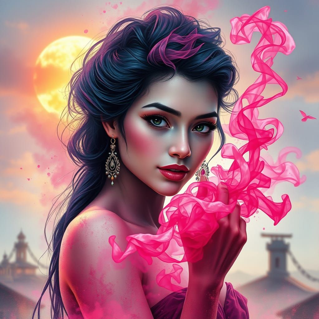 Enchanting Watercolor Portrait of a Flirtatious Genie