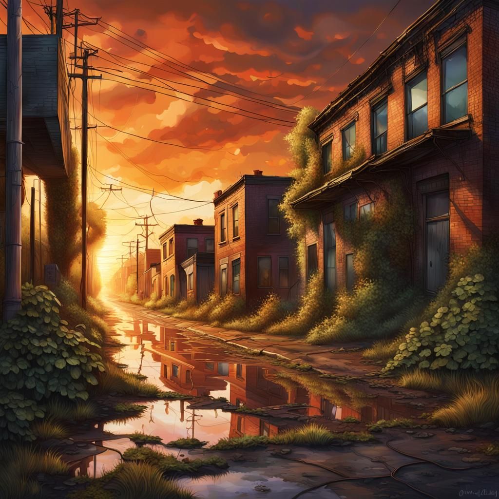 Desolate City Street Reclaimed by Nature at Sunset