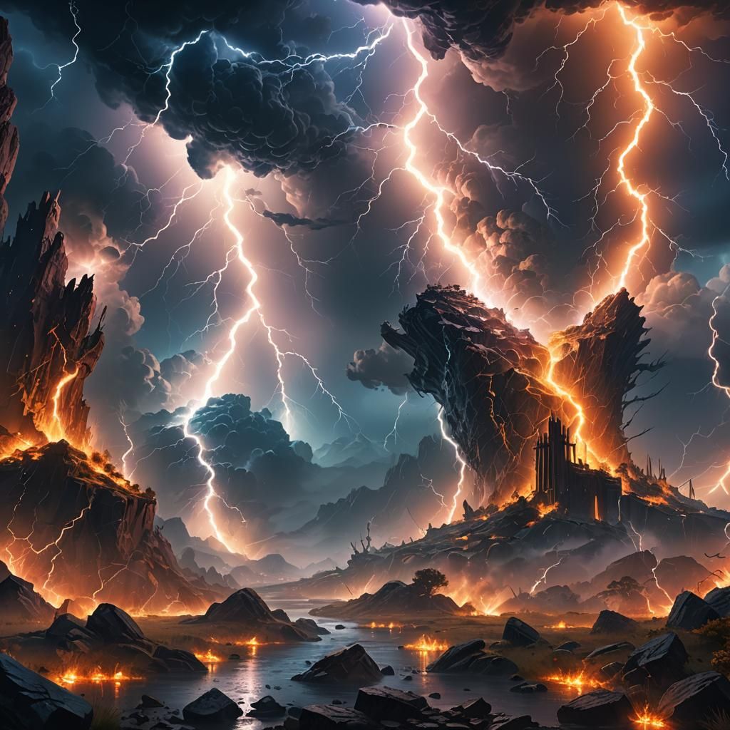 Mystical Landscape Illuminated by Colorful Lightning