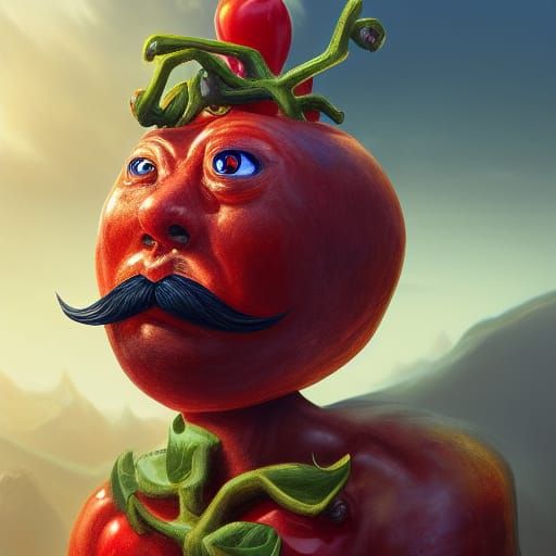 Handsome Tomato God with Mustache, Detailed Digital Painting