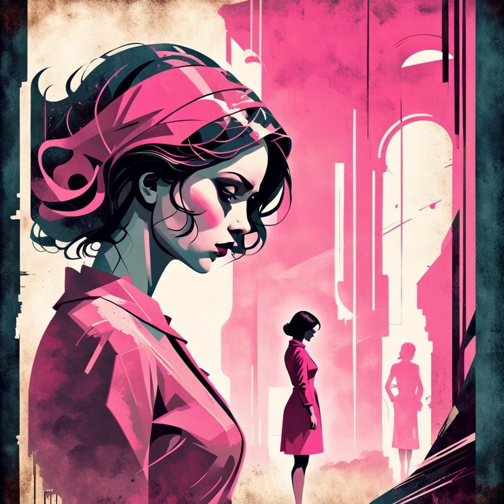 Retrofuturistic Woman in Shadowy Dreamscape Poster