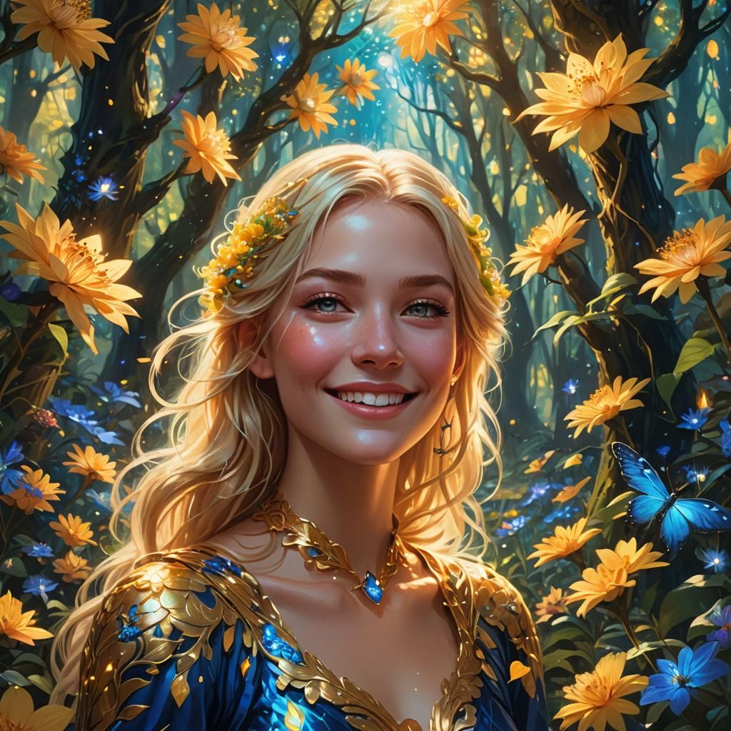 Dreamlike Forest Portrait of Smiling Blonde Girl