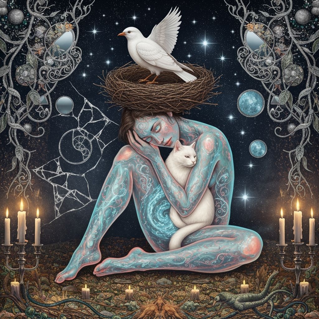 Ethereal Woman with Bioluminescent Skin Holds Cat Amidst Cos...