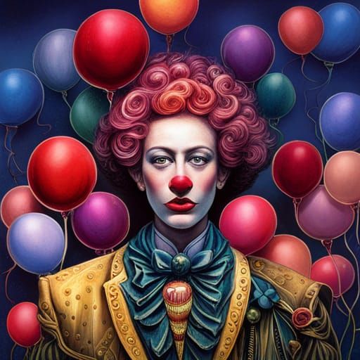 Sinister Clown Portrait with Balloons, Surrealist Style