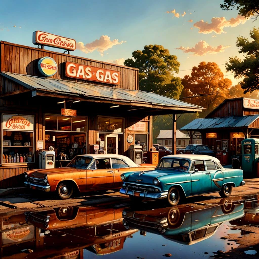 Retro Gas Station Oasis in Hyperrealistic Style