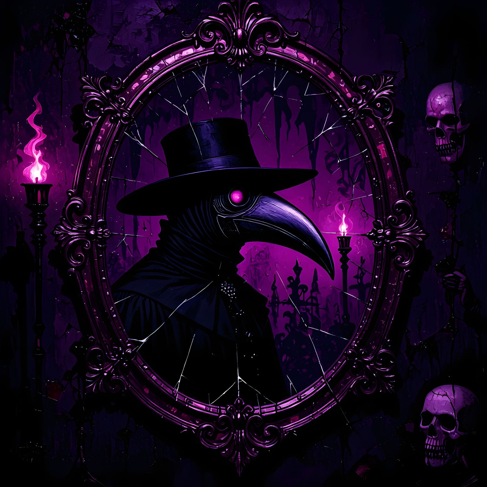 Distorted Plague Doctor in Dark Carnival Mirror