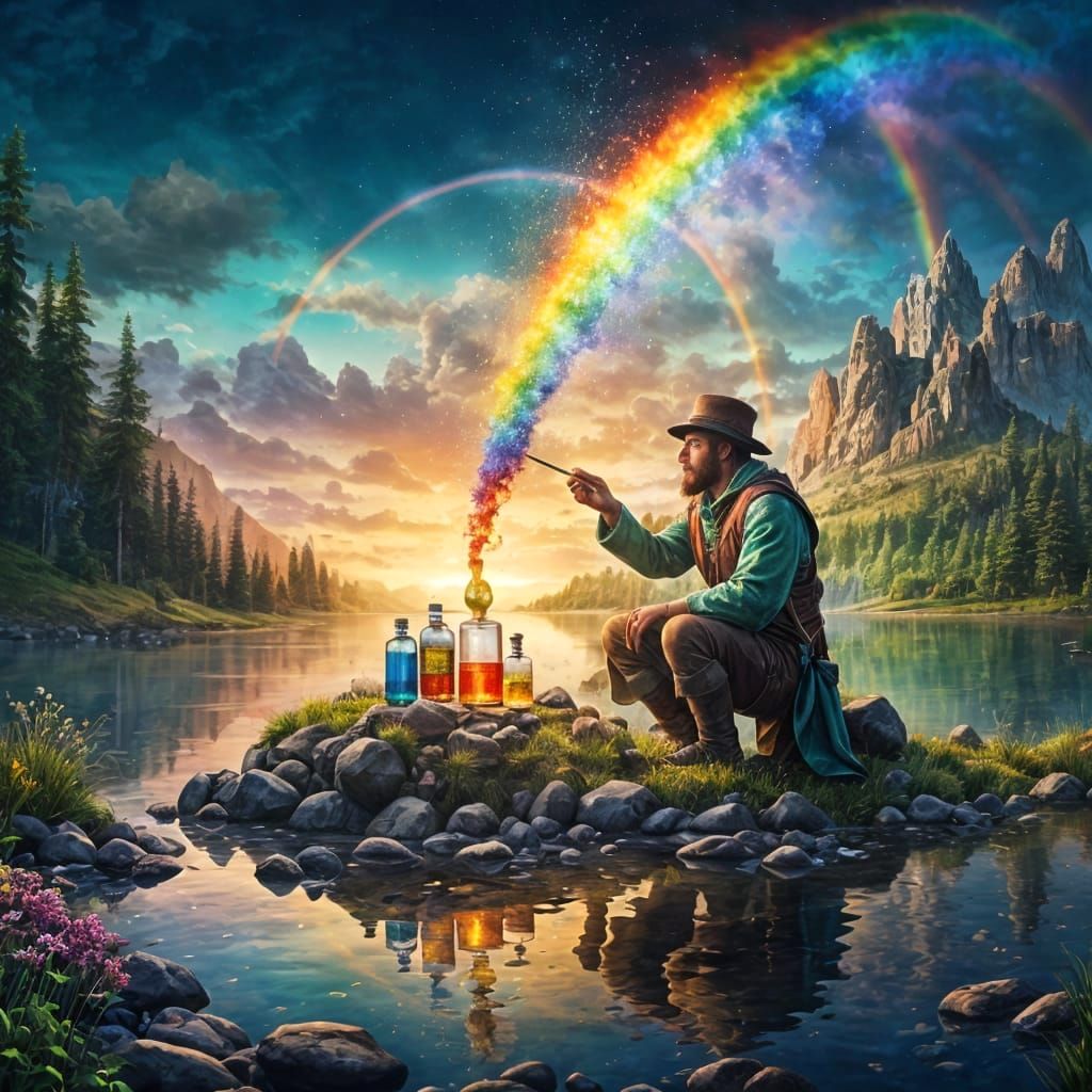 Alchemist Creates Rainbow by Shimmering Lake