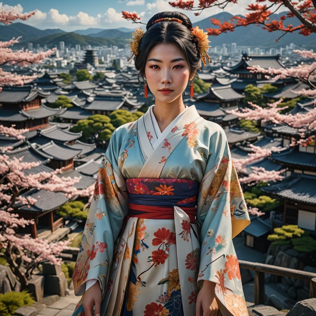 Japanese Woman in Traditional Summer Clothing, Kyoto Backdro...