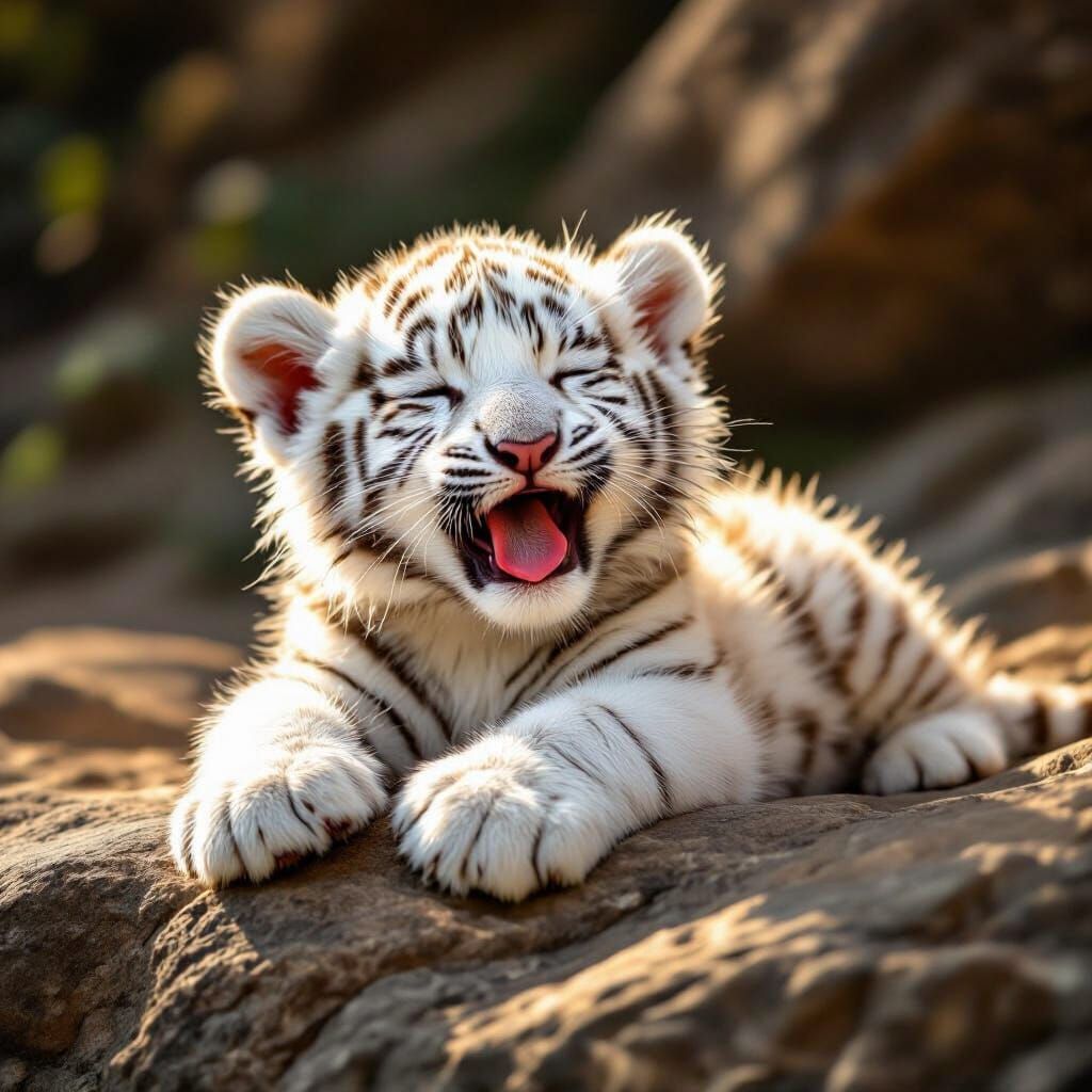 Realistic White Tiger Cub Yawning on Rock Ledge