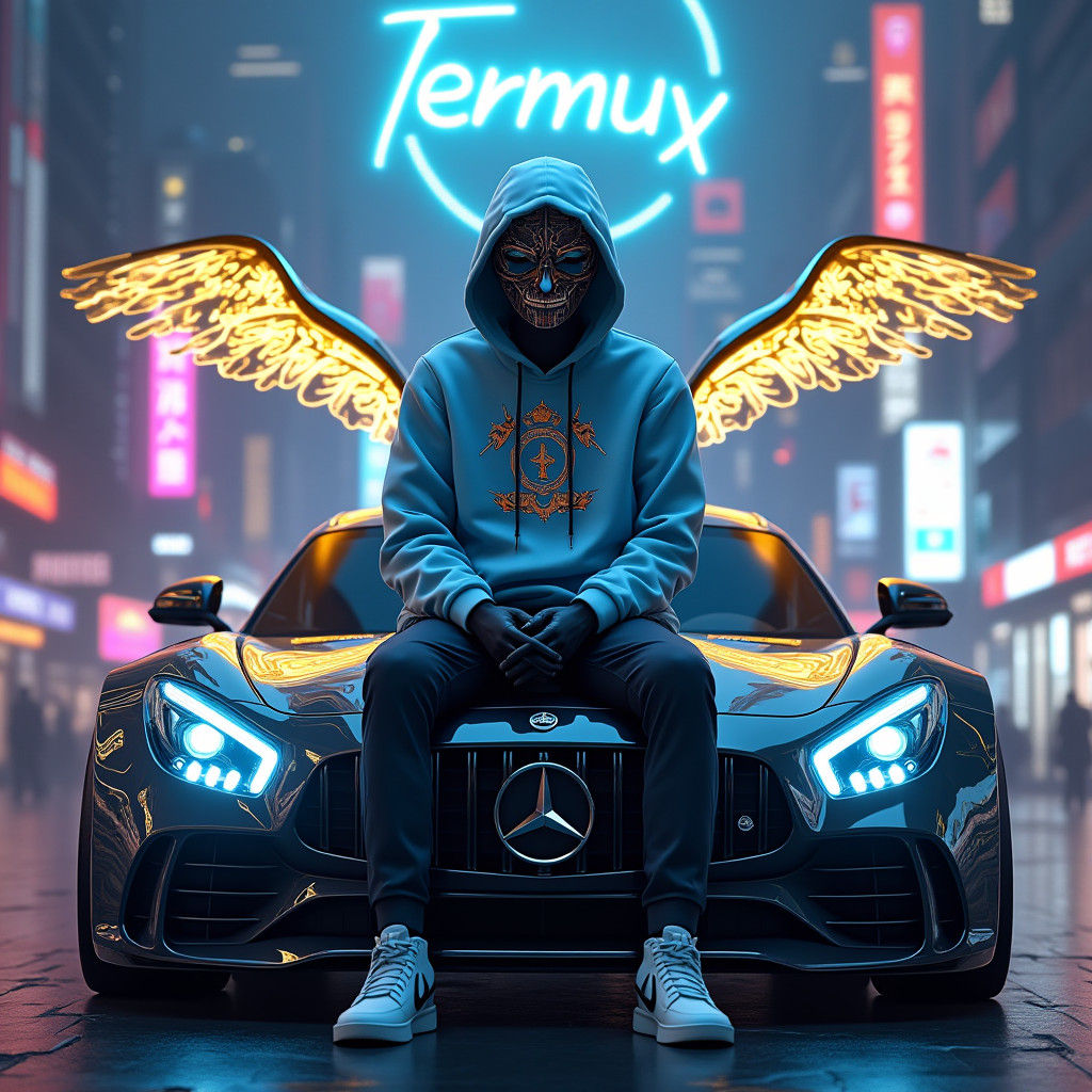 Cyberpunk Gamer on Flying Mercedes in Future City